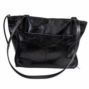HOBO Black Leather Shoulder Bag Tote Zip Top Gold Hardware Pocket Purse READ